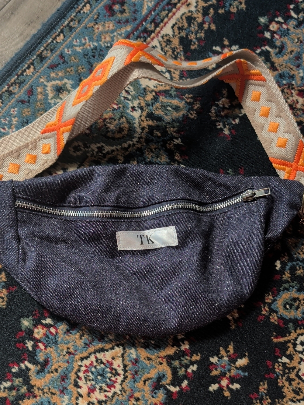 *Handmade By Me, Navy Denim Crossbody Waist Bag with Woven Orange Accent Strap